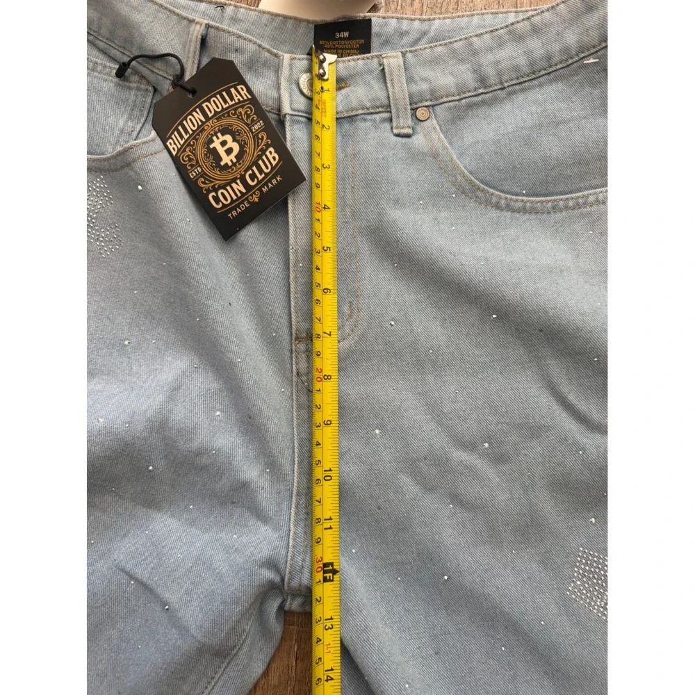 Billion Dollar Coin Club Mens 34W Rhinestone Cross Denim Shorts Light Wash Blue